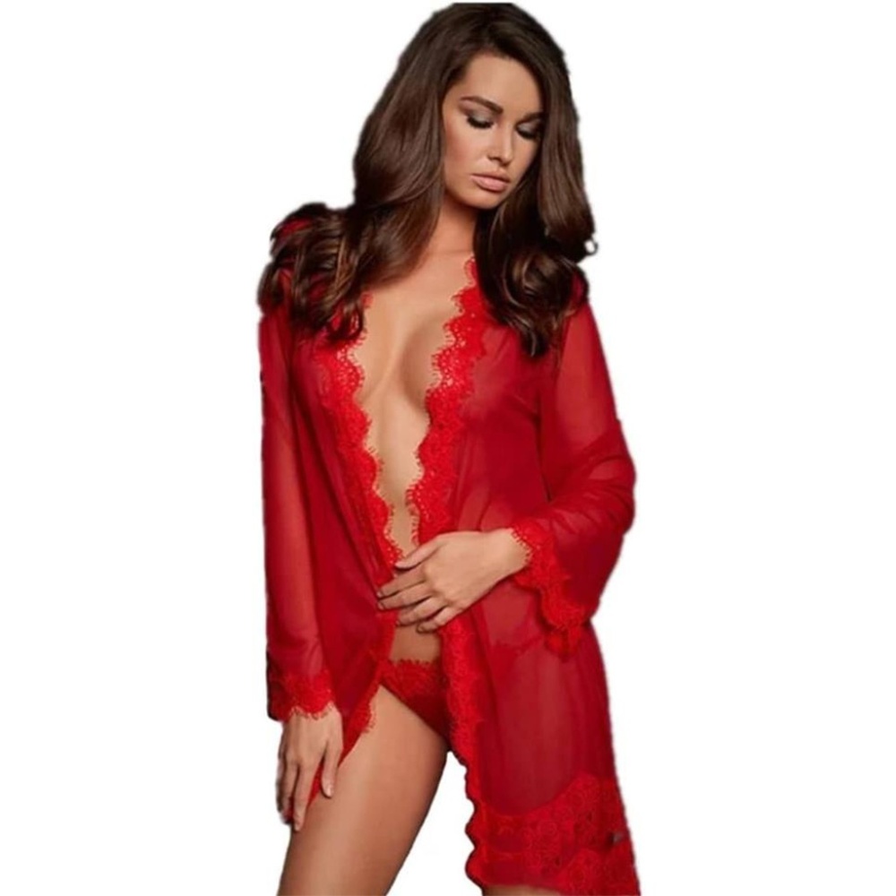 Sexy Red Lace Lingerie Sheer Babydoll Robe & Panty